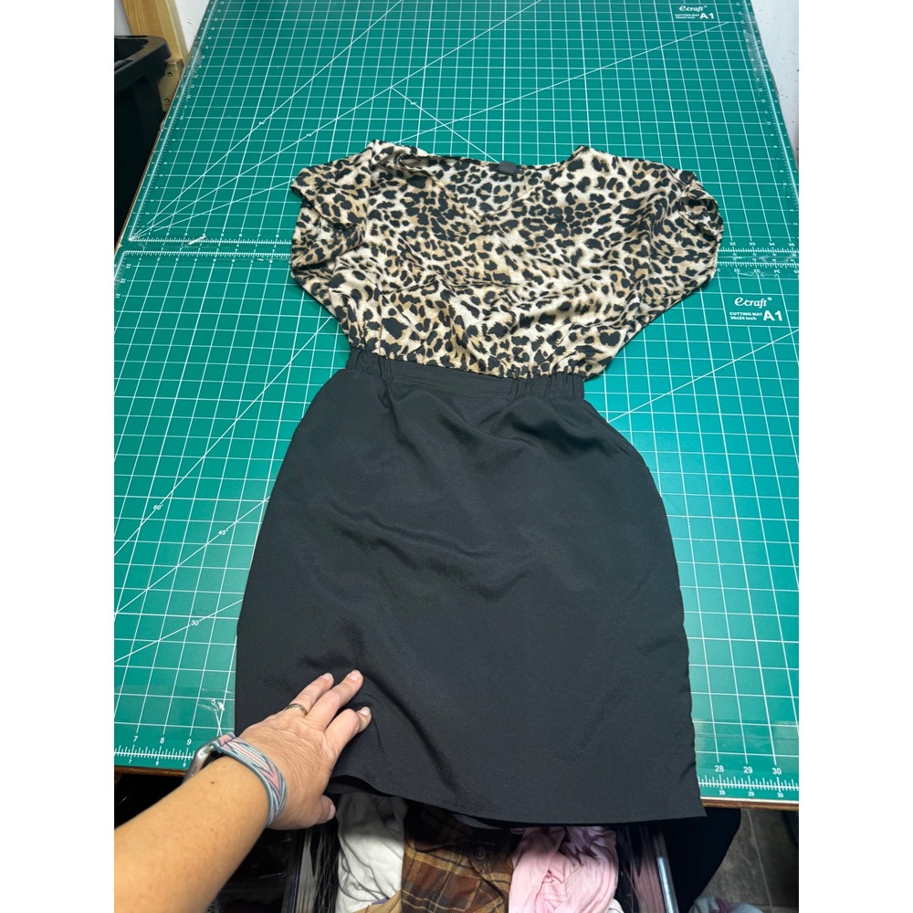 AQUA Womens Leopard Print Black Mixed Media Mini Dress Short Sleeve Size S
